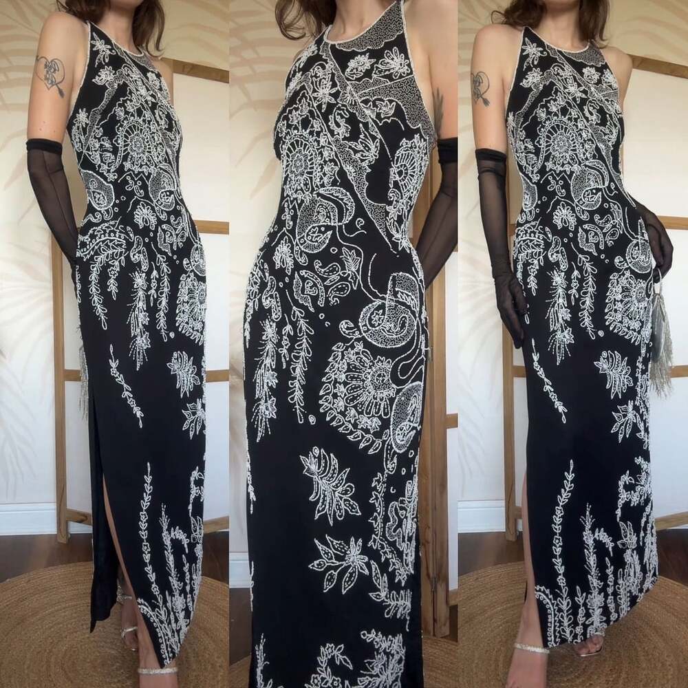 Marina Bresler Vintage Black and White Beaded Open Back Halter Maxi Dress